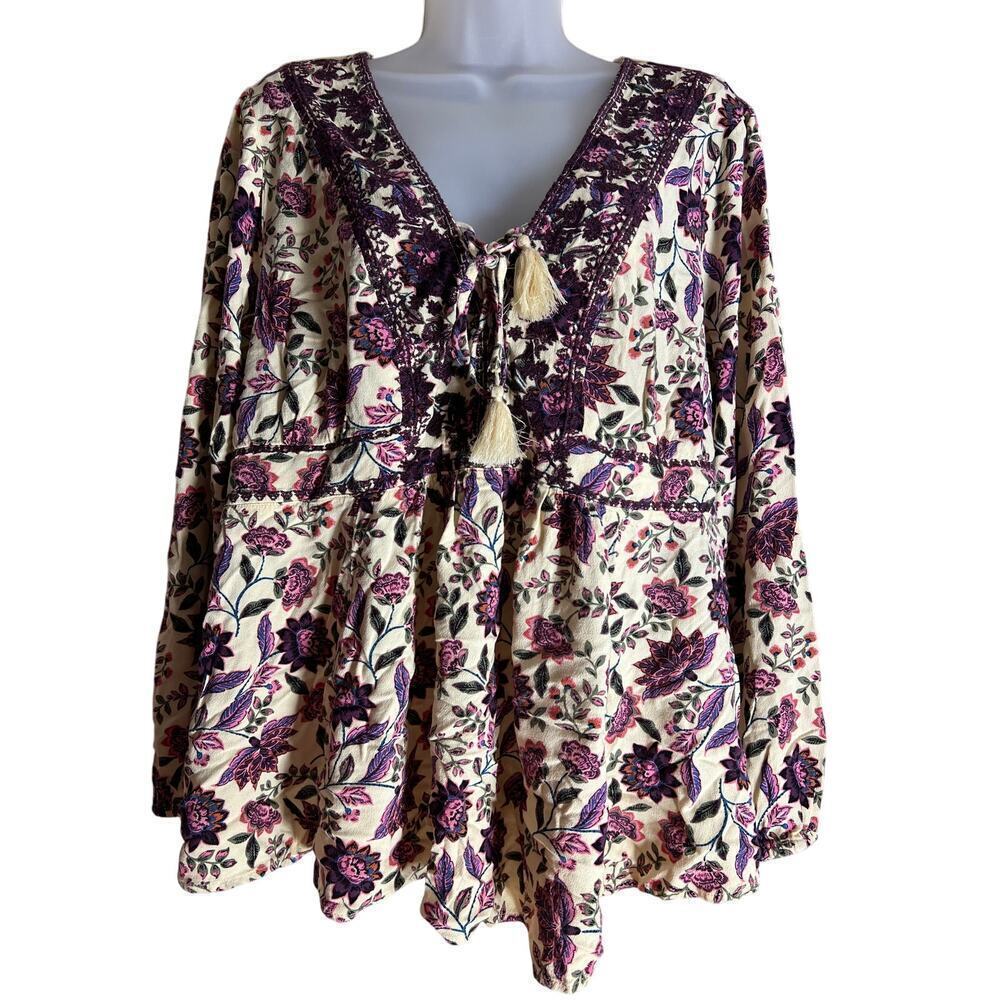 Torrid Womens Top Babydoll Crepe Boho Feminine Whimsy Lace Up Floral 1X - Picture 4 of 7